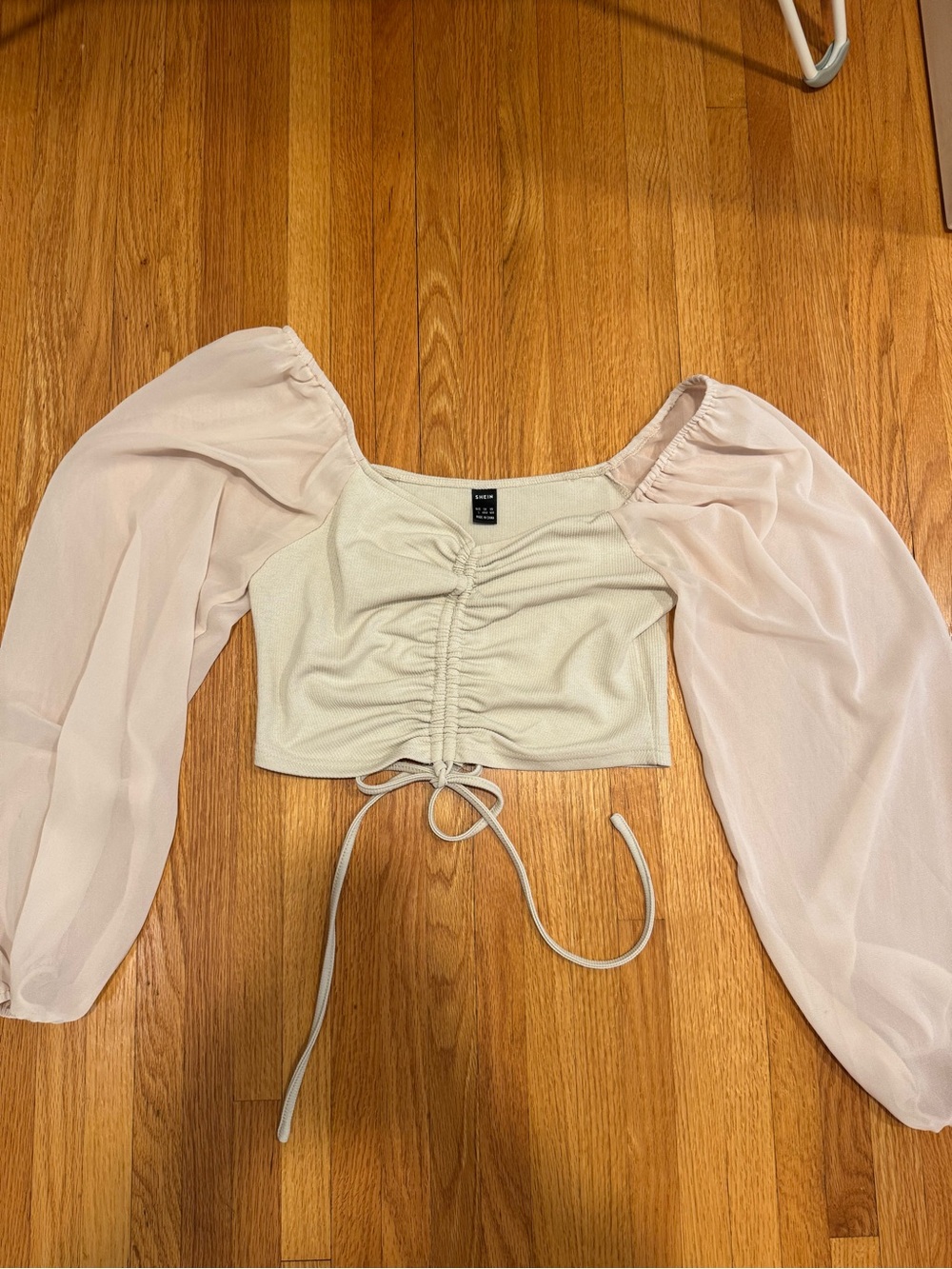 SHEIN Cream Crop Top with Pale Pink Sheer Puff Sleeves